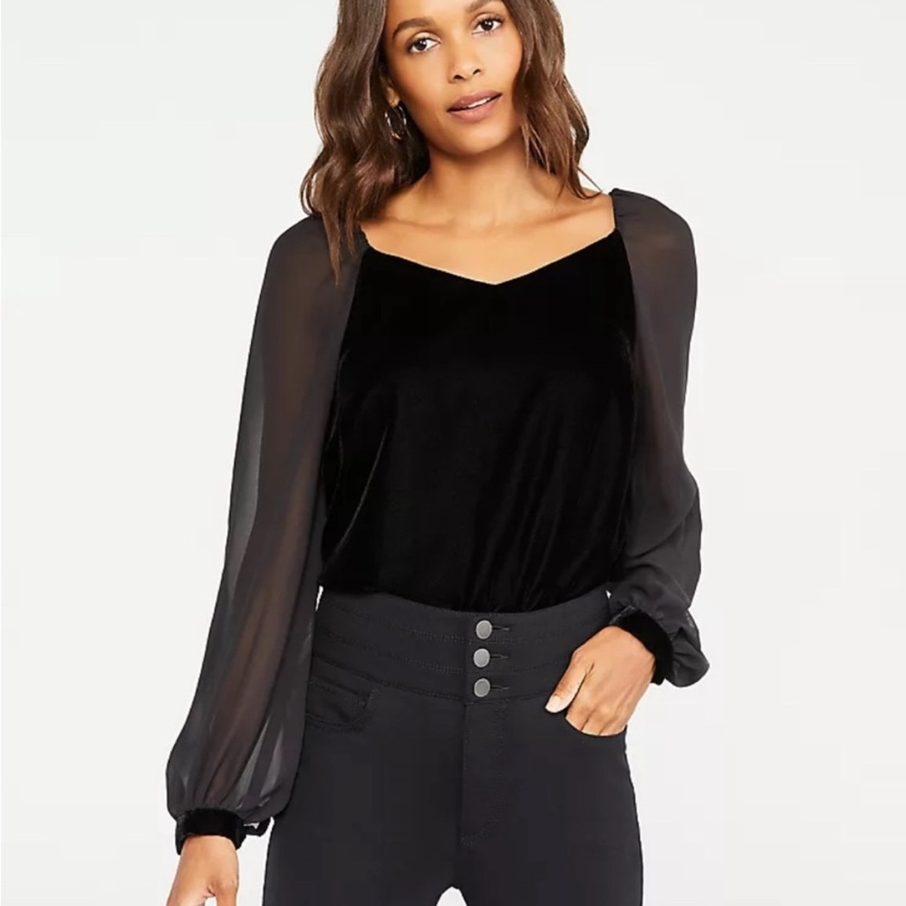 Ann Taylor XS Elegant Black Velvet & Sheer Long Sleeve Top